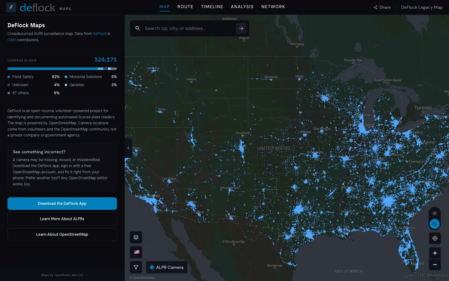 DeFlock Maps showing ALPR camera locations across the United States as blue dots, with a sidebar listing cameras by vendor.