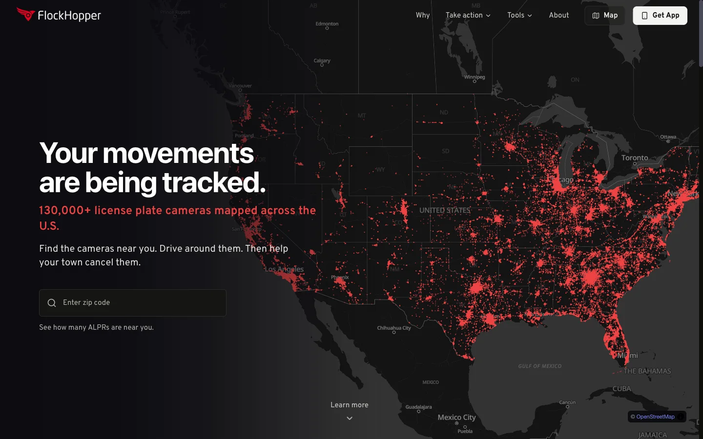 The DontGetFlocked.com homepage showing a map of the United States covered in red camera locations.