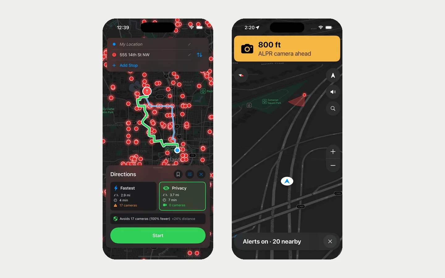 Two FlockHopper screens: a route comparison where the privacy route passes 0 cameras instead of 17, and a navigation alert reading 800 feet, ALPR camera ahead.